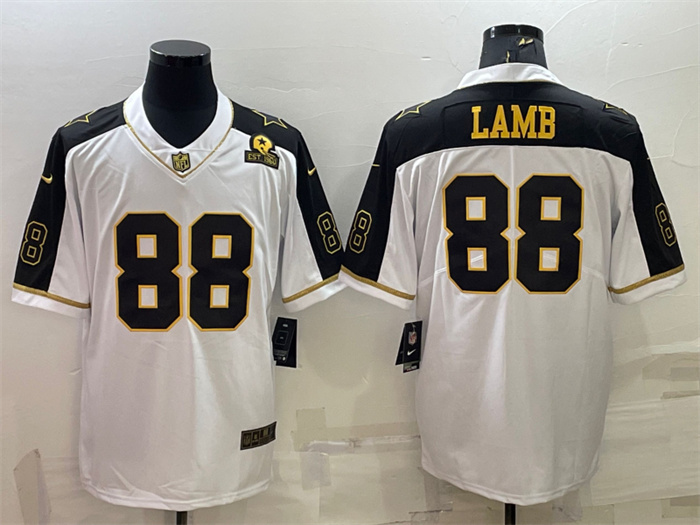 Men Dallas Cowboys 88 CeeDee Lamb White Gold Edition With 1960 Patch Limited Stitched Football Jerse