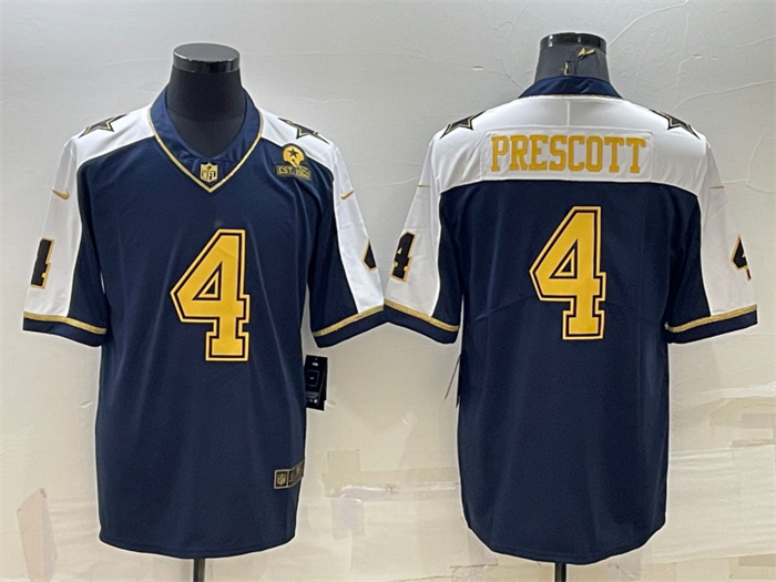 Men Dallas Cowboys 4 Dak Prescott Navy Gold Edition With 1960 Patch Limited Stitched Football Jersey