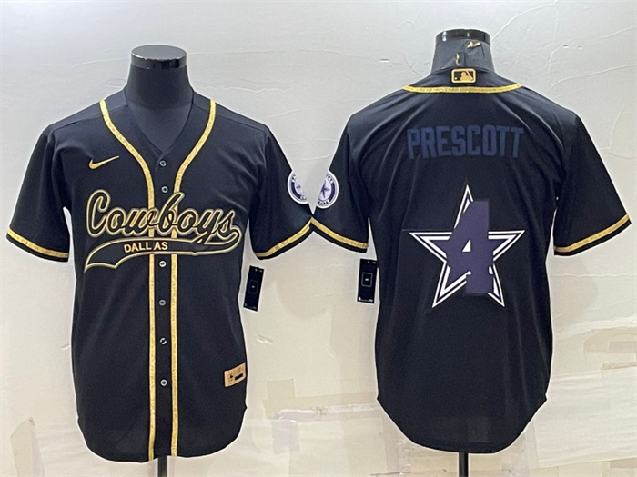 Men Dallas Cowboys 4 Dak Prescott Black Gold Team Big Logo With Patch Cool Base Stitched Baseball Je