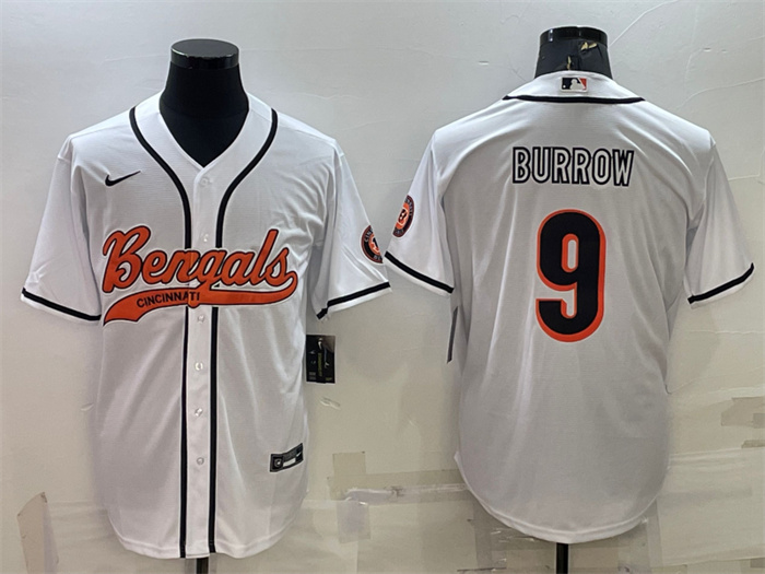 Men Cincinnati Bengals 9 Joe Burrow White With Patch Cool Base Stitched Baseball Jersey