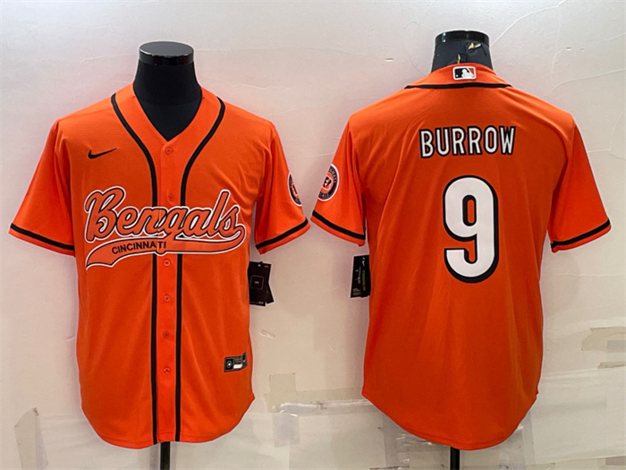 Men Cincinnati Bengals 9 Joe Burrow Orange With Patch Cool Base Stitched Baseball Jersey