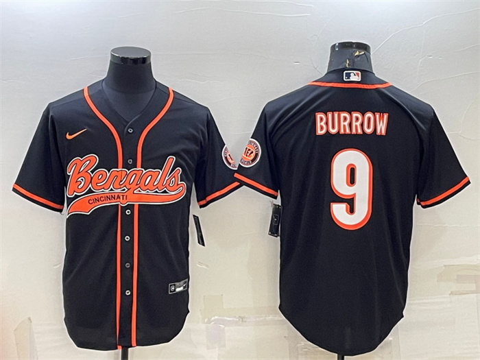 Men Cincinnati Bengals 9 Joe Burrow Black With Patch Cool Base Stitched Baseball Jersey