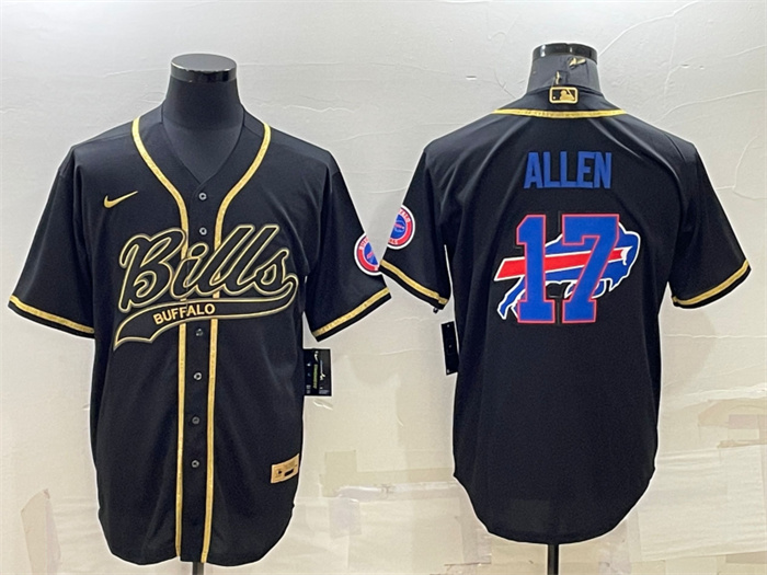 Men Buffalo Bills 17 Josh Allen Black Gold Team Big Logo With Patch Cool Base Stitched Baseball Jers