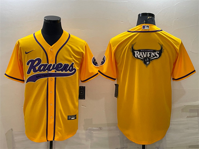 Men Baltimore Ravens Yellow Team Big Logo With Patch Cool Base Stitched Baseball Jersey