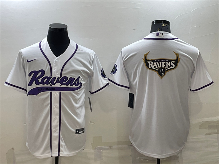 Men Baltimore Ravens White Team Big Logo With Patch Cool Base Stitched Baseball Jersey