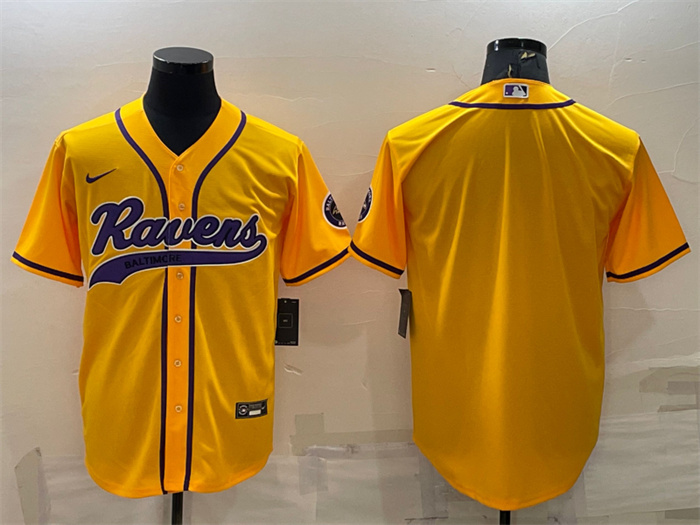 Men Baltimore Ravens Blank Yellow With Patch Cool Base Stitched Baseball Jersey