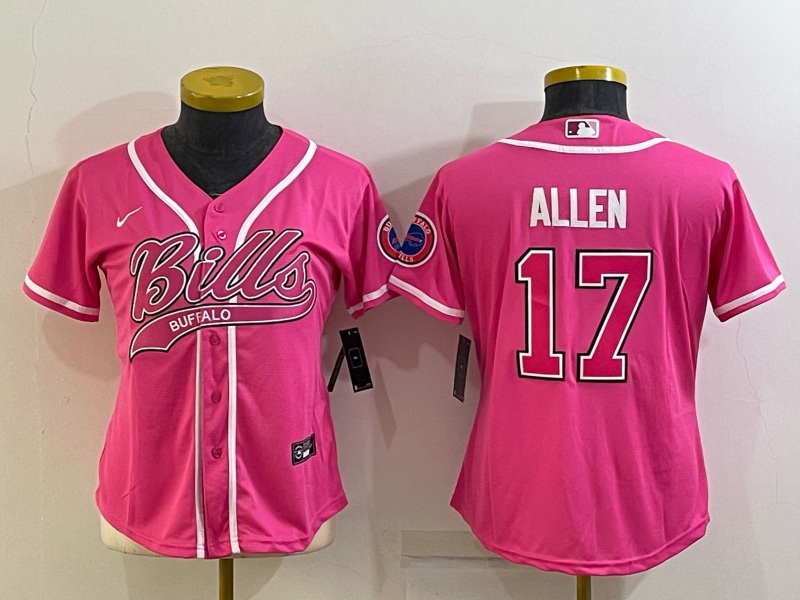 Women Buffalo Bills 17 Josh Allen Pink With Patch Cool Base Stitched Baseball Jersey