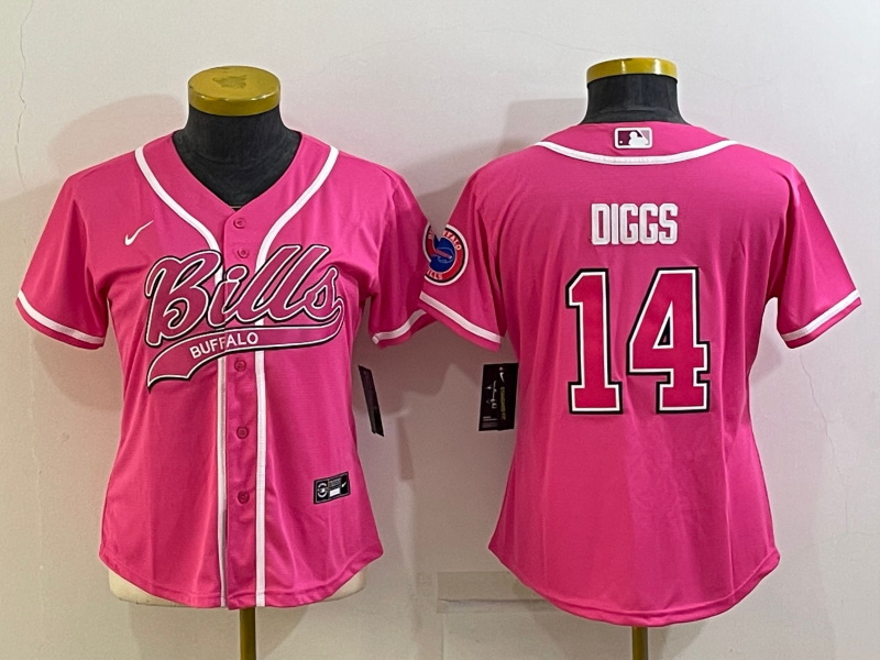 Women Buffalo Bills 14 Stefon Diggs Pink With Patch Cool Base Stitched Baseball Jersey