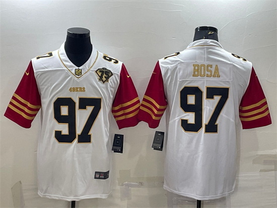 Men San Francisco 49ers 97 Nick Bosa White Gold With 75th Anniversary Patch Stitched Jersey