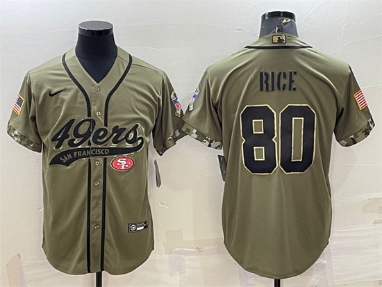 Men San Francisco 49ers 80 Jerry Rice 2022 Olive Salute To Service Cool Base Stitched Baseball Jerse