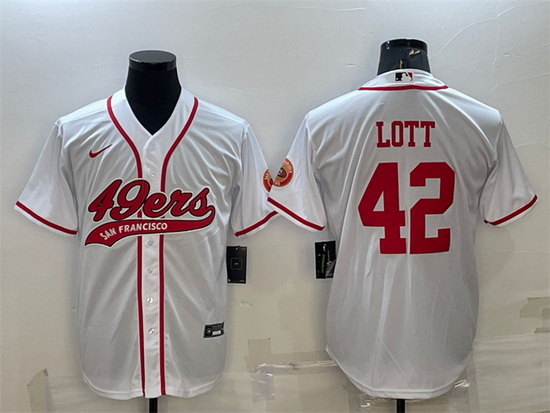 Men San Francisco 49ers 42 Ronnie Lott White With Patch Cool Base Stitched Baseball Jersey