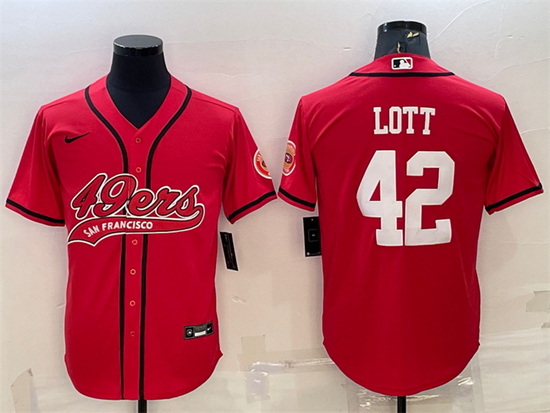 Men San Francisco 49ers 42 Ronnie Lott Red With Patch Cool Base Stitched Baseball JerseyS