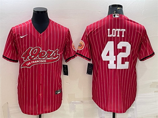 Men San Francisco 49ers 42 Ronnie Lott Red With Patch Cool Base Stitched Baseball Jersey