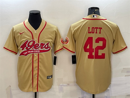 Men San Francisco 49ers 42 Ronnie Lott Gold With Patch Cool Base Stitched Baseball Jersey