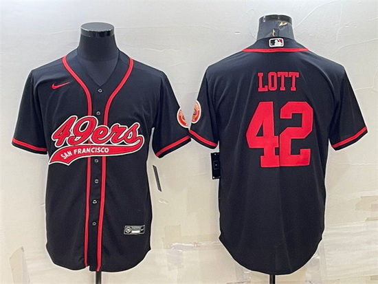 Men San Francisco 49ers 42 Ronnie Lott Black With Patch Cool Base Stitched Baseball JerseyS