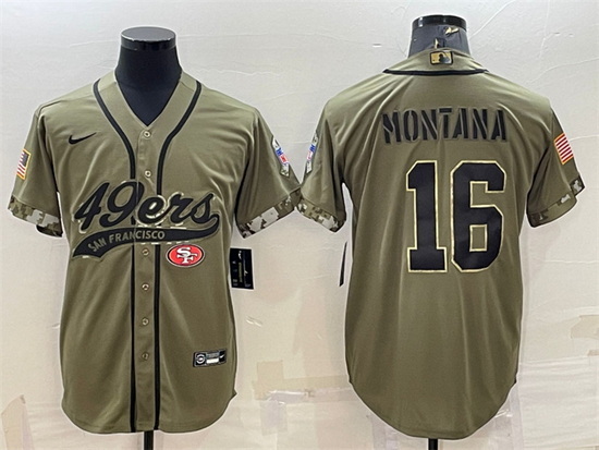 Men San Francisco 49ers 16 Joe Montana 2022 Olive Salute To Service Cool Base Stitched Baseball Jers