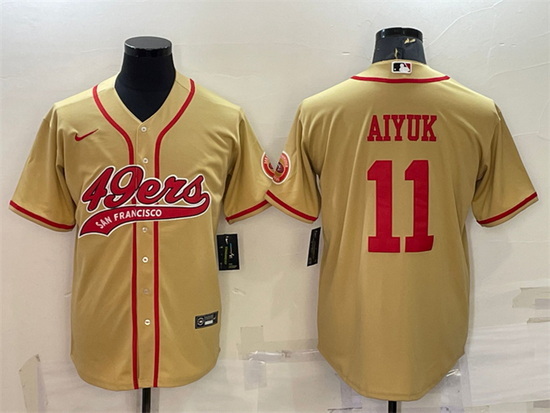 Men San Francisco 49ers 11 Brandon Aiyuk Gold With Patch Cool Base Stitched Baseball Jersey