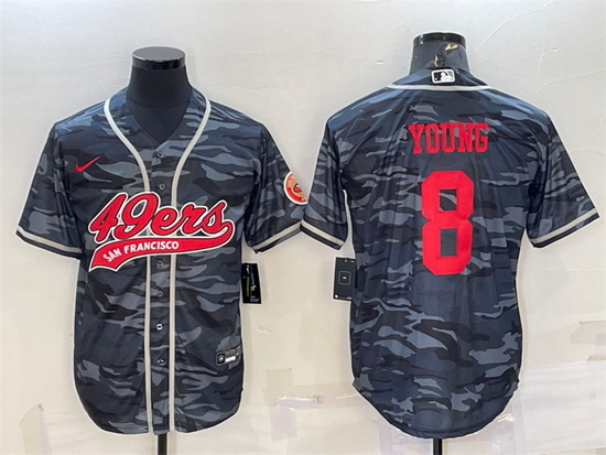 Men San Francisco 49ers 8 Steve Young Grey Red Camo With Patch Cool Base Stitched Baseball Jersey