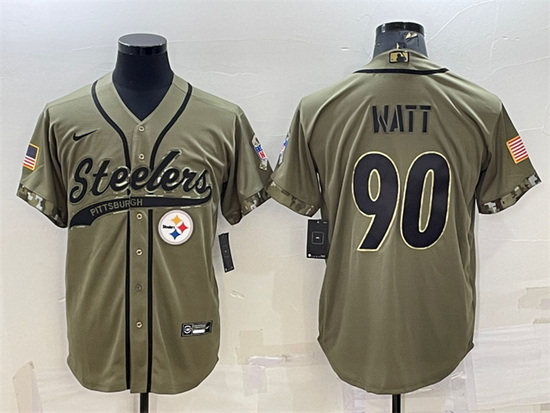 Men Pittsburgh Steelers 90 T J Watt Olive 2022 Salute To Service Cool Base Stitched Baseball Jersey