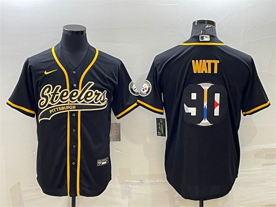 Men Pittsburgh Steelers 90 T J Watt Black Team Big Logo With Patch Cool Base Stitched Baseball Jerse