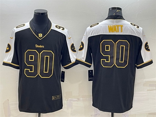 Men Pittsburgh Steelers 90 T J Watt Black Gold Thanksgiving Vapor Untouchable Limited Stitched Jerse