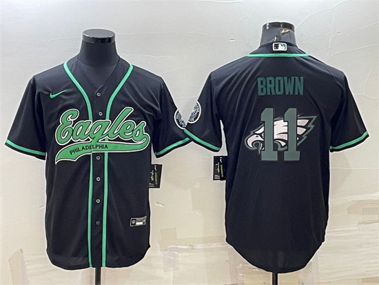 Men Philadelphia Eagles 11 A J Brown Black Team Big Logo With Patch Cool Base Stitched Baseball Jers