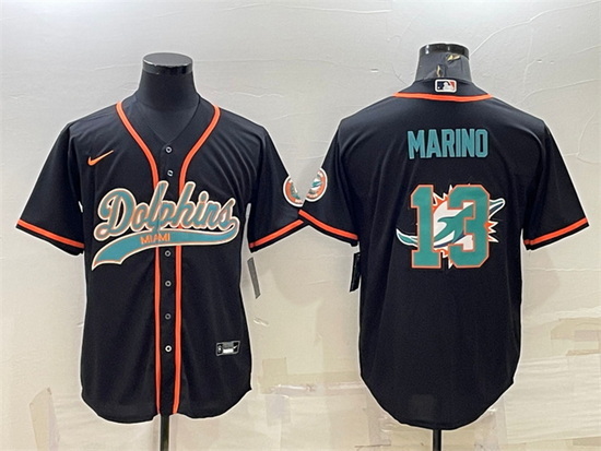 Men Miami Dolphins 13 Dan Marino Black Team Big Logo With Patch Cool Base Stitched Baseball Jersey