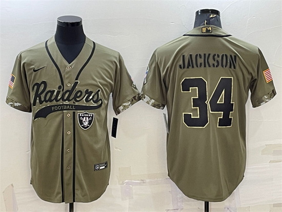 Men Las Vegas Raiders 34 Bo Jackson 2022 Olive Salute To Service Cool Base Stitched Baseball Jersey