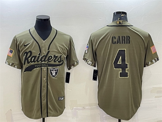 Men Las Vegas Raiders 4 Derek Carr 2022 Olive Salute To Service Cool Base Stitched Baseball Jersey