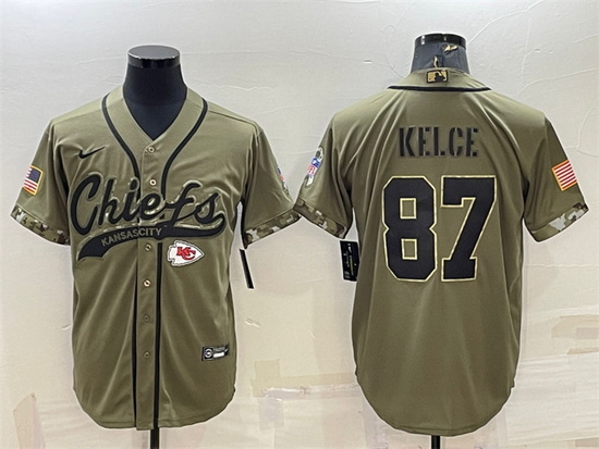 Men Kansas City Chiefs 87 Travis Kelce 2022 Olive Salute To Service Cool Base Stitched Baseball Jers