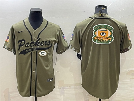 Men Green Bay Packers Olive Salute To Service Team Big Logo Cool Base Stitched Baseball Jersey