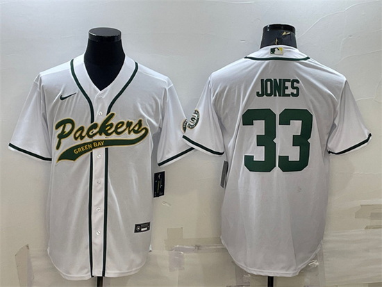 Men Green Bay Packers 33 Aaron Jones White With Patch Cool Base Stitched Baseball Jersey