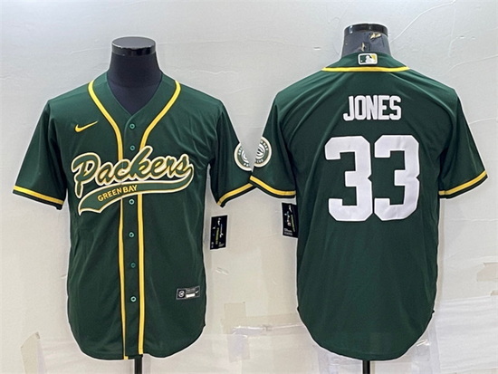 Men Green Bay Packers 33 Aaron Jones Green With Patch Cool Base Stitched Baseball Jersey