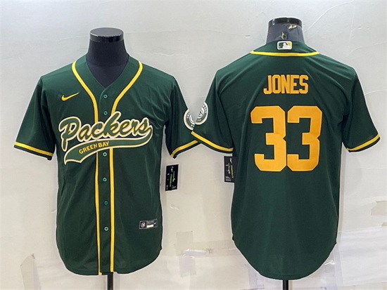 Men Green Bay Packers 33 Aaron Jones Green Gold With Patch Cool Base Stitched Baseball Jersey