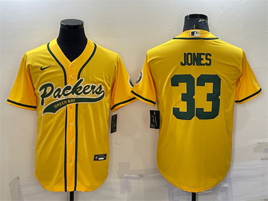 Men Green Bay Packers 33 Aaron Jones Gold With Patch Cool Base Stitched Baseball Jersey