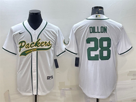 Men Green Bay Packers 28 A J Dillon White With Patch Cool Base Stitched Baseball Jersey