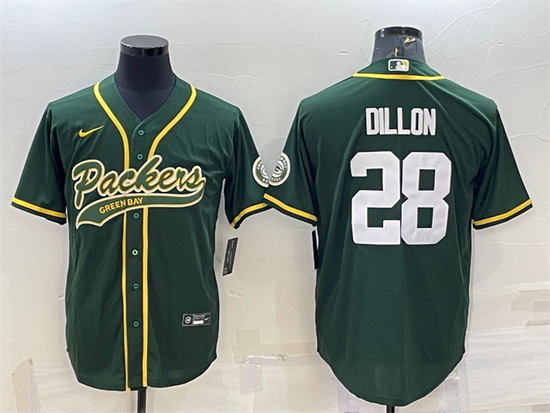 Men Green Bay Packers 28 A J Dillon Green With Patch Cool Base Stitched Baseball Jersey