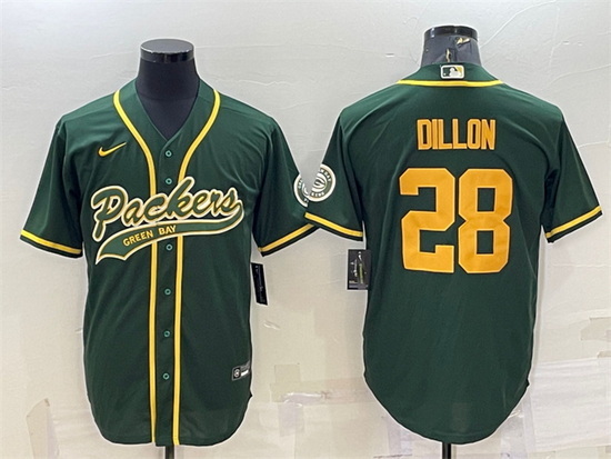 Men Green Bay Packers 28 A J Dillon Green Gold With Patch Cool Base Stitched Baseball Jersey