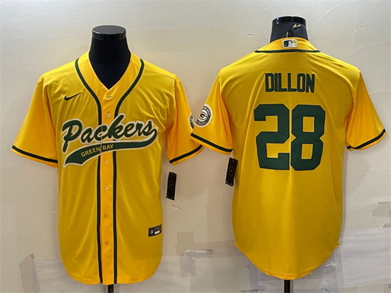 Men Green Bay Packers 28 A J Dillon Gold With Patch Cool Base Stitched Baseball Jersey