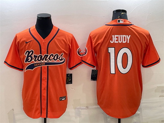 Men Denver Broncos 10 Jerry Jeudy Orange With Patch Cool Base Stitched Baseball Jersey