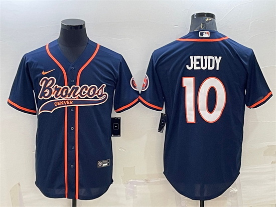 Men Denver Broncos 10 Jerry Jeudy Navy With Patch Cool Base Stitched Baseball Jersey