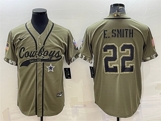 Men Dallas Cowboys 22 Emmitt Smith 2022 Olive Salute To Service Cool Base Stitched Baseball Jersey