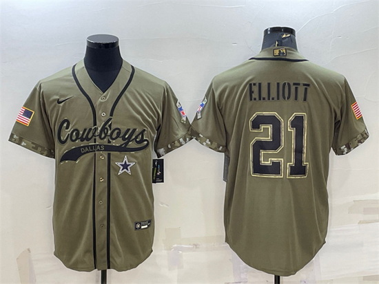 Men Dallas Cowboys 21 Ezekiel Elliott 2022 Olive Salute To Service Cool Base Stitched Baseball Jerse