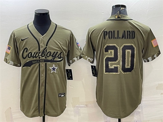 Men Dallas Cowboys 20 Tony Pollard 2022 Olive Salute To Service Cool Base Stitched Baseball Jersey