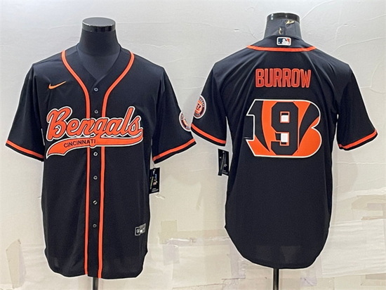 Men Cincinnati Bengals 9 Joe Burrow Black Team Big Logo With Patch Cool Base Stitched Baseball Jerse