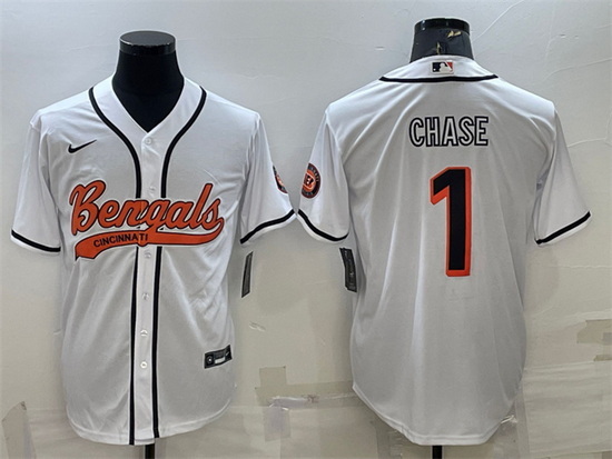 Men Cincinnati Bengals 1 Ja 27Marr Chase White With Patch Cool Base Stitched Baseball Jersey