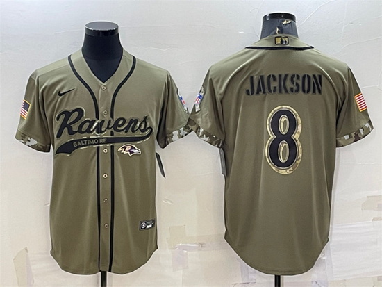 Men Baltimore Ravens 8 Lamar Jackson Olive 2022 Salute To Service Cool Base Stitched Baseball Jersey