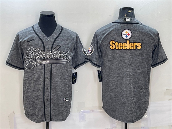 Men Pittsburgh Steelers Grey Team Big Logo With Patch Cool Base Stitched Baseball Jersey