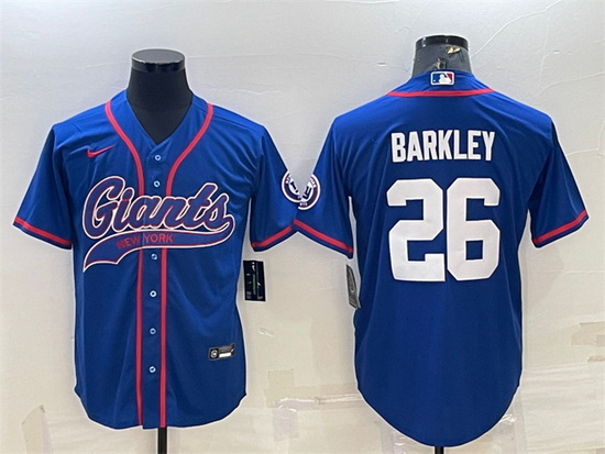 Men New York Giants 26 Saquon Barkley Blue With Patch Cool Base Stitched Baseball Jersey