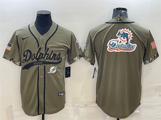 Men Miami Dolphins Olive 2022 Salute To Service Team Big Logo Cool Base Stitched Baseball Jersey II